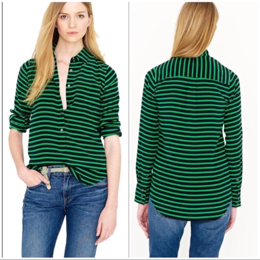 J Crew Navy and Green Silk Popover